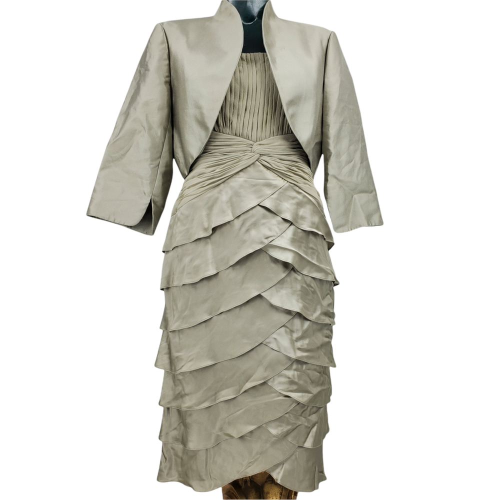 ADRIANNA PAPPEL Satin Champagne Formal Shutter Pleaded Midi Jacket Dress 10 1333